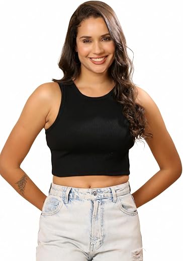 American Symbol Women’s Ribbed Sleeveless Solid Round Neck Cropped Vest Top