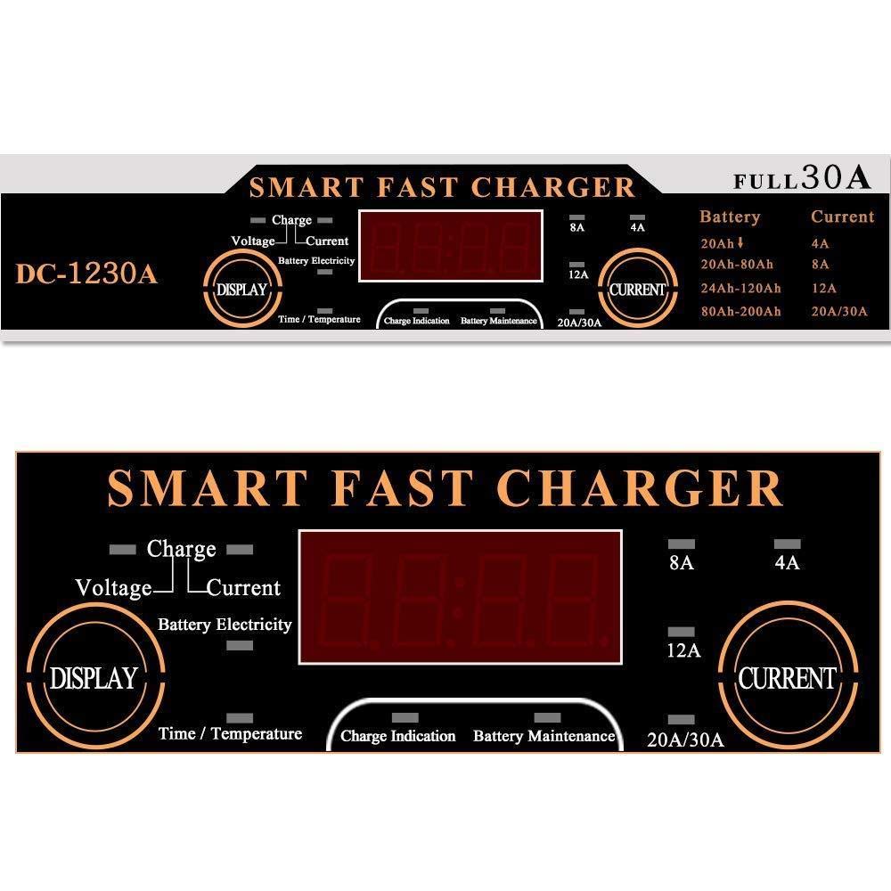 Riloer Cargador de batería, cargador de batería inteligente de 12 V 30 A, carga rápida, pantalla LCD para caravana, autocaravana, barco, coche, motocicleta