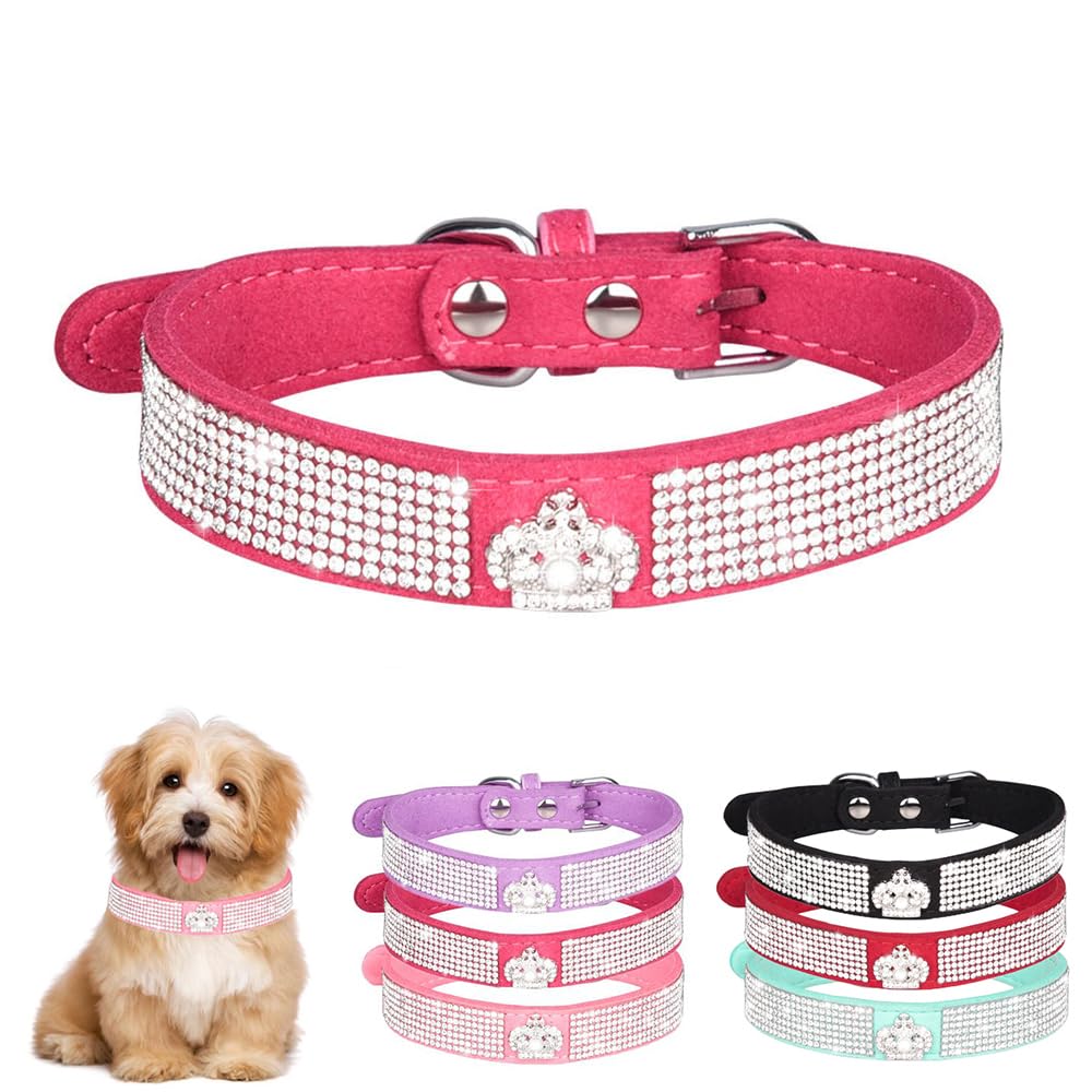 Hot Pink Girl Dog Collar XS, Pretty Diamond Glitter Crown Crystal Jewel Bling Cat Collar Sparkly Rhinestone Puppy Collars for XXS Xs Small Medium Pet