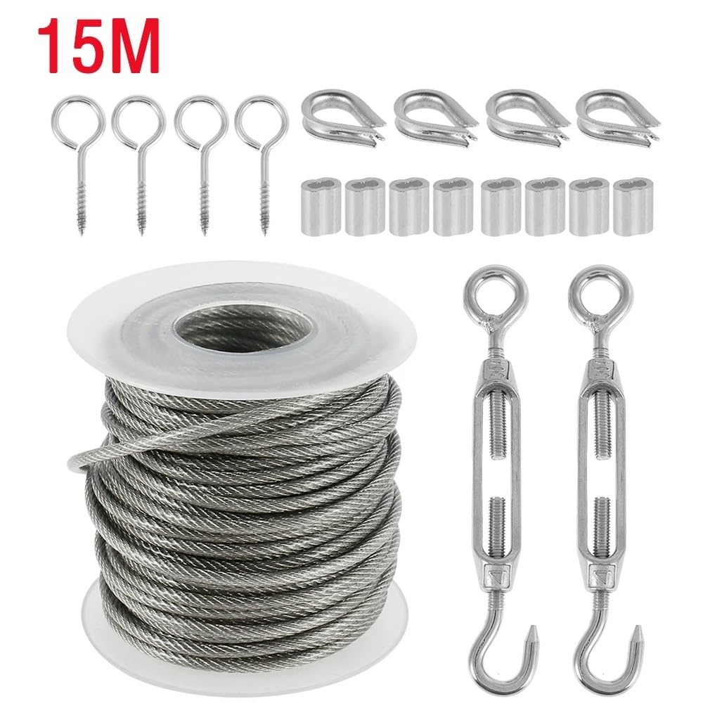 Cable metálico Kit de barandilla de Cable de Imagen de 15M/30M, Tornillo de Ojo de Tornillo de Alta Resistencia for jardín, Tensor de Alambre, colador, Cuerda de Cable recubierta(30M)