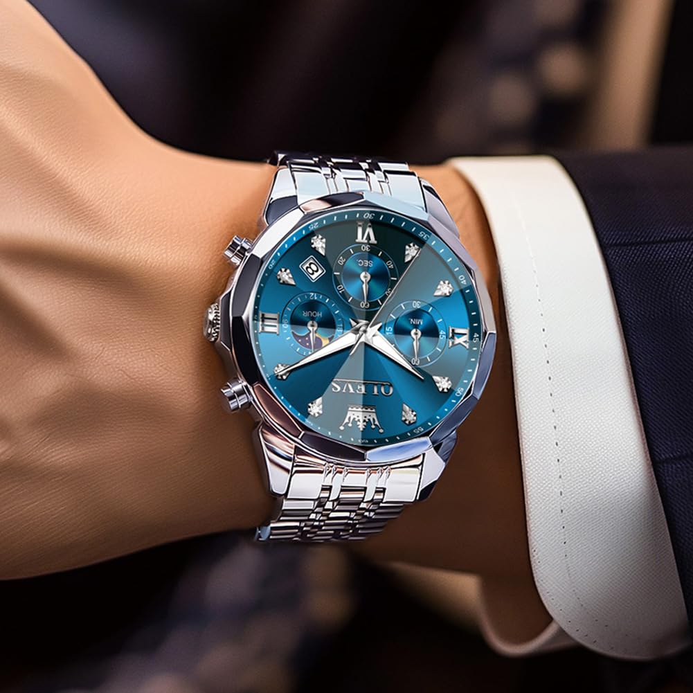 OLEVS Männer Uhr Quarz Luxus Business Uhren Multifunktion Chronograph Mondphase wasserdicht Leuchtend Edelstahl Armbanduhr