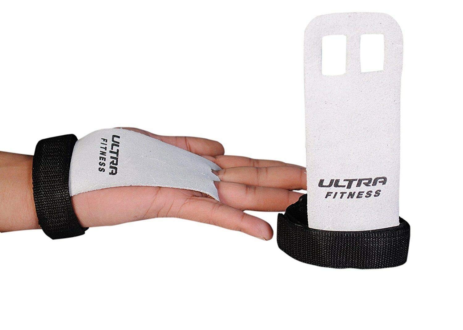 ULTRA FITNESS Leather Grips Gymnastic Palm Protectors Hand Guards Gym Gloves Pull up (White S), White Leather