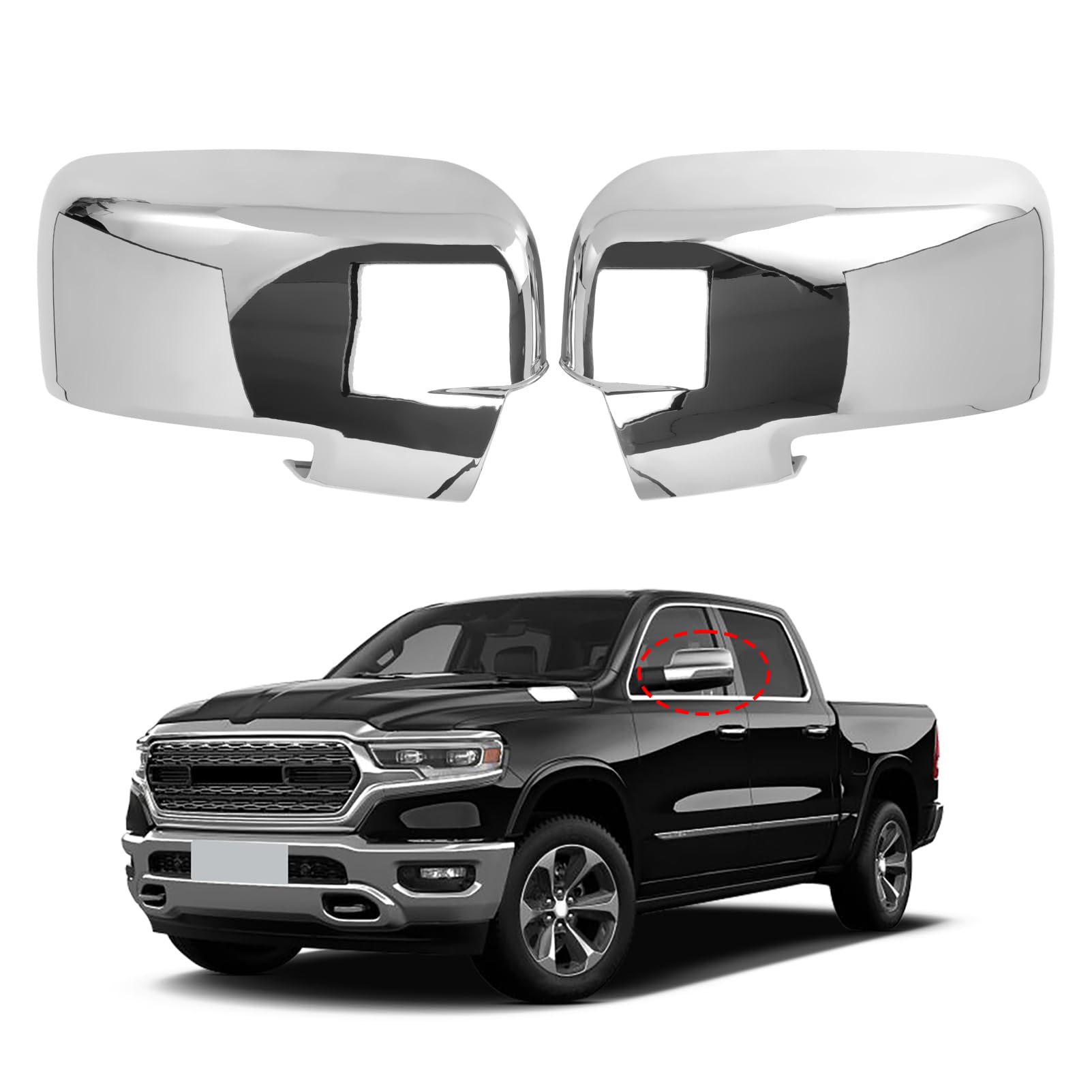 Photo 1 of 1 Pair Chrome Mirror Cover Caps Top Half Left & Right fits Ram Classic 2009-2018 and Ram 1500 1500 2019-2024 Plated With Turn Signal Cut-Outs