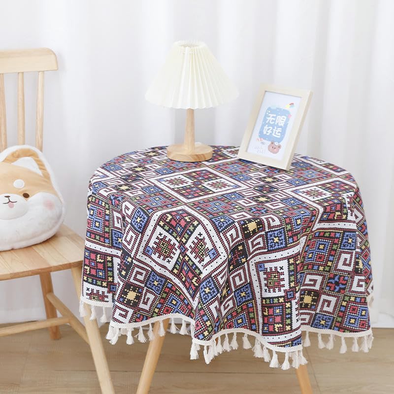Nappe ronde coton lin ethnique anti rayures pour petite table de salle à manger