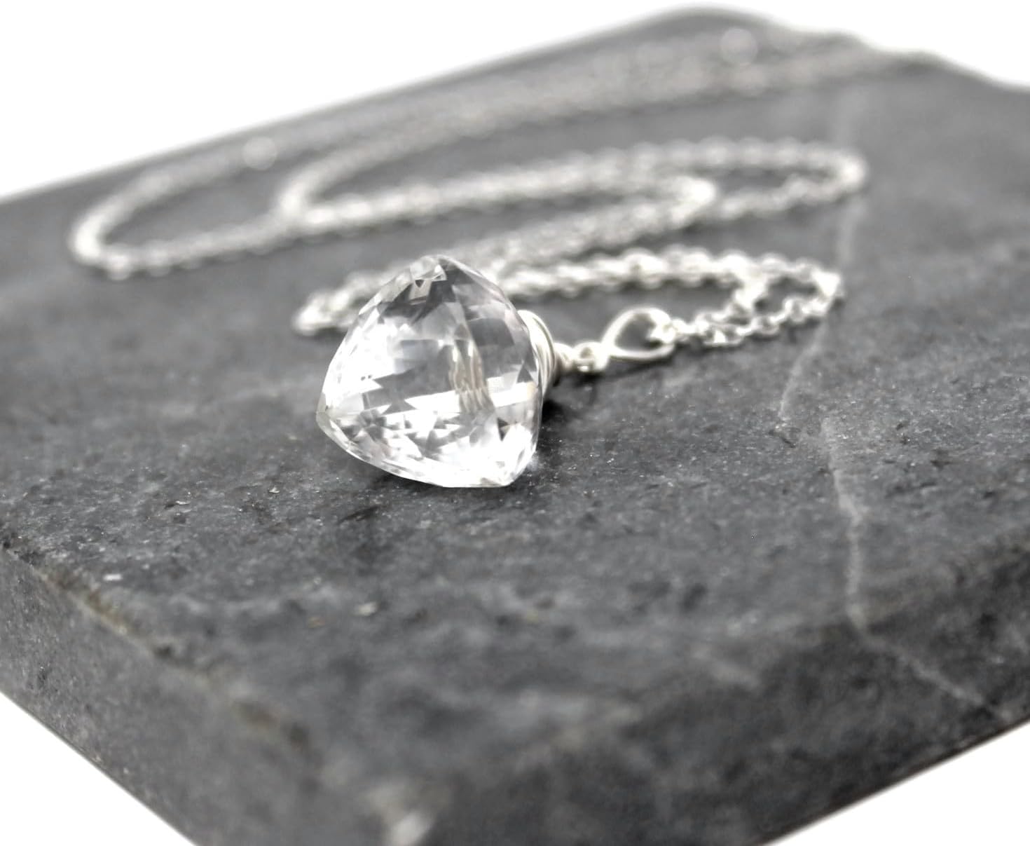 Clear Crystal Quartz Necklace Sterling Silver Trilliant Gemstone Briolette Pyramid 20 Inches - Image 5
