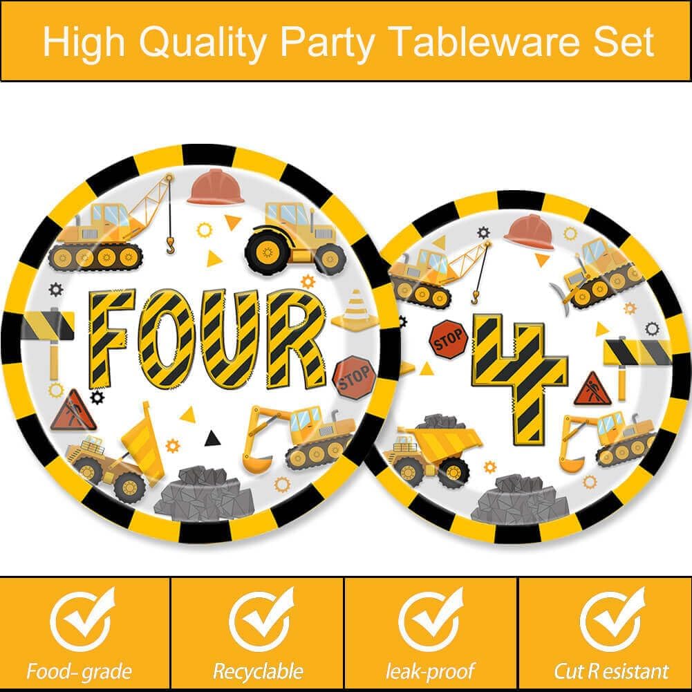 193 Pcs Construction 4th Birthday Party Supplies Dump Truck Four Years Old Party Decorations for Boys Kids Included Excavator 4 Backdrop Hanging Swirls Banner Balloons Tablecloth Plates Napkins Cups
