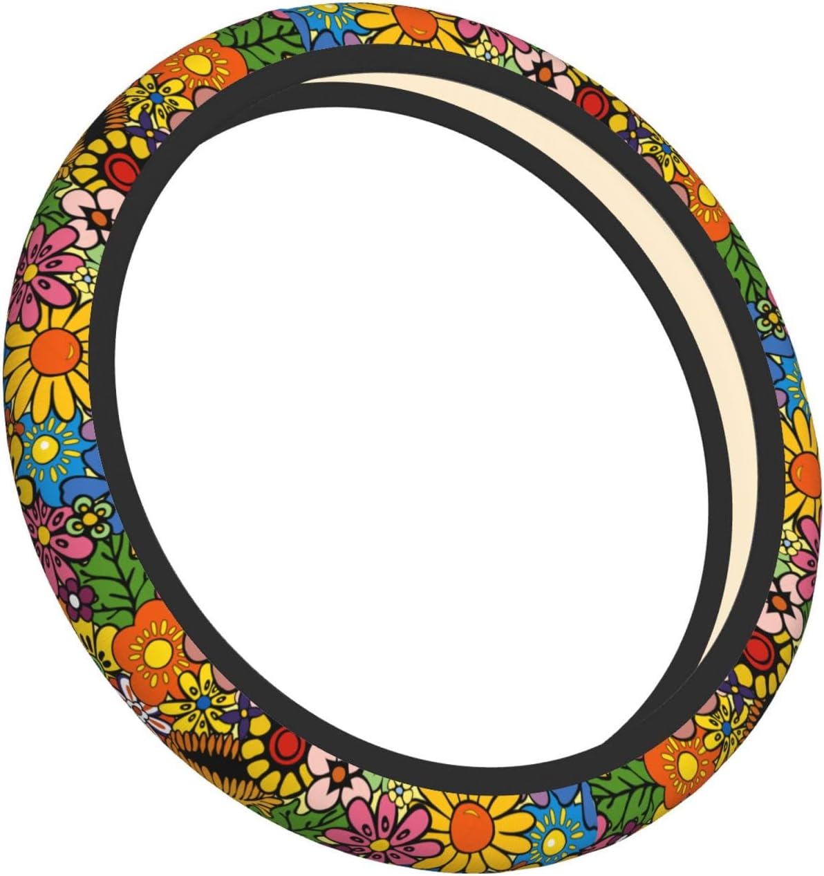 Hippie Flower Neoprene Steering Wheel Cover for Men Women Anti-Slip Elastic Steering Wheel Protective Cover 15in Universal Car Accessories Fit Cars, SUVs, Auto - Image 2