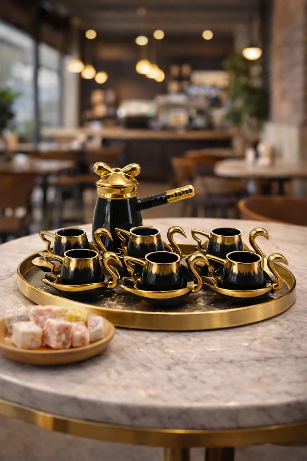 Espresso-Set mit Schwan-Design, 6 Tassen mit Untertellern und Kanne, Keramik, 3 Farben, Mokka-Kaffeeservice (schwarz)