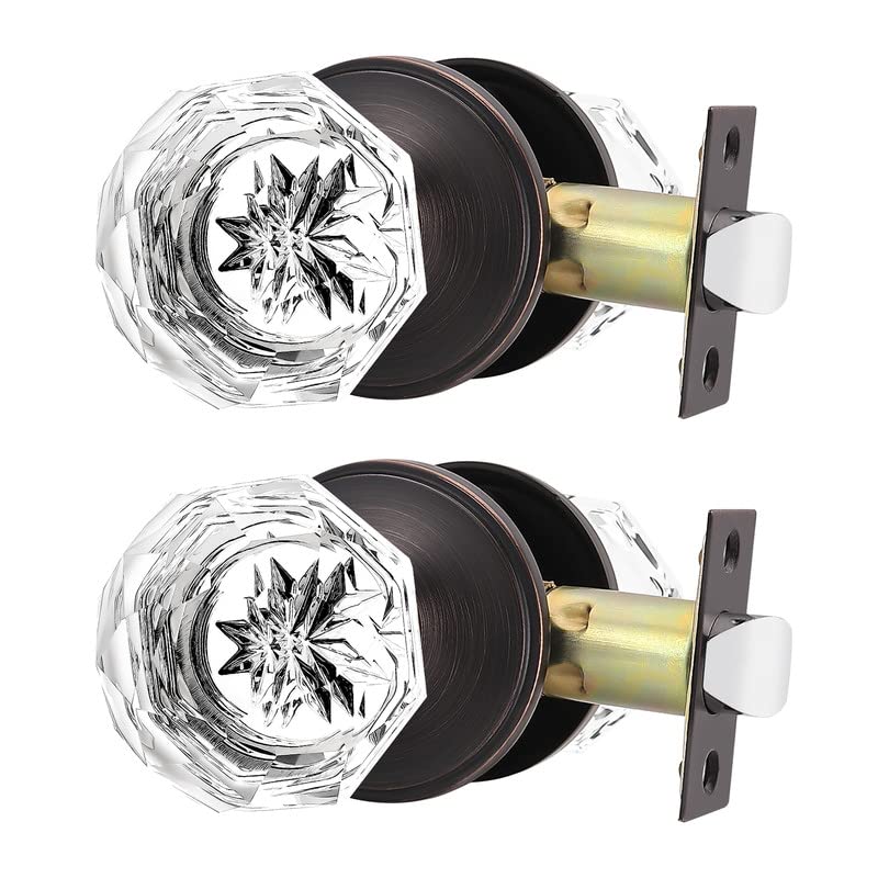 2 Pack Orger Glass Door Knobs for Hallway and Closet, Crystal Passage Door Knobs with Round Diamond Shape, Non-Locking Interior Door Handles, Round Rosette Finished Oil Rubbed Bronze