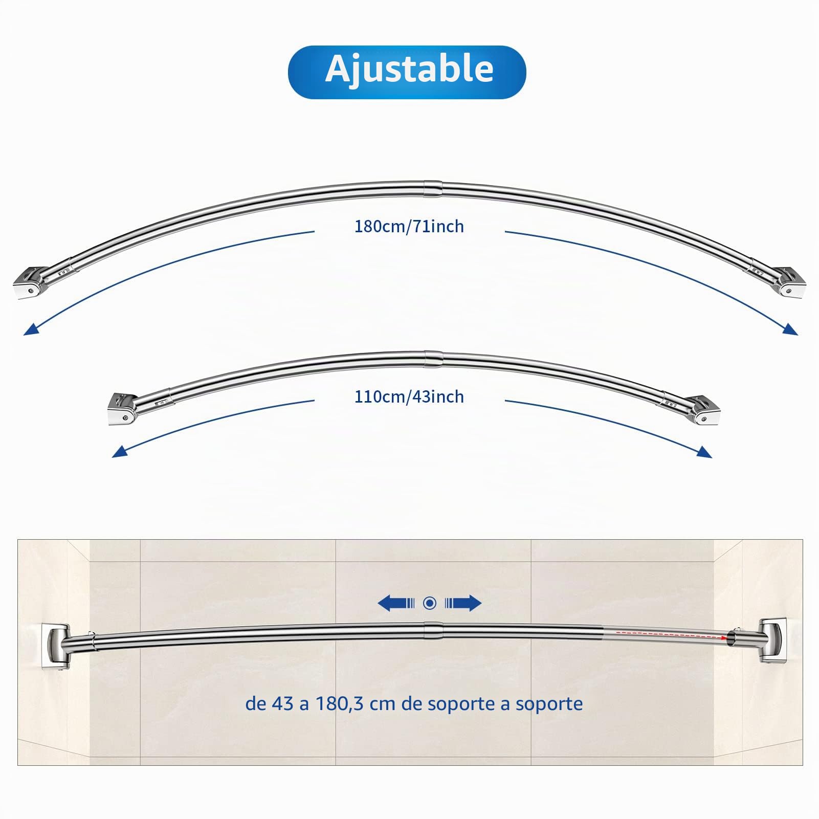 Barra De Cortina De Ducha, Barra De Ducha De Esquina Incluye 18 Anillos, [110-180cm], Barra De Arco Ajustable De Acero Inoxidable, Necesita Perforación, Sin Soporte De Techo, Para Baño Vestidor