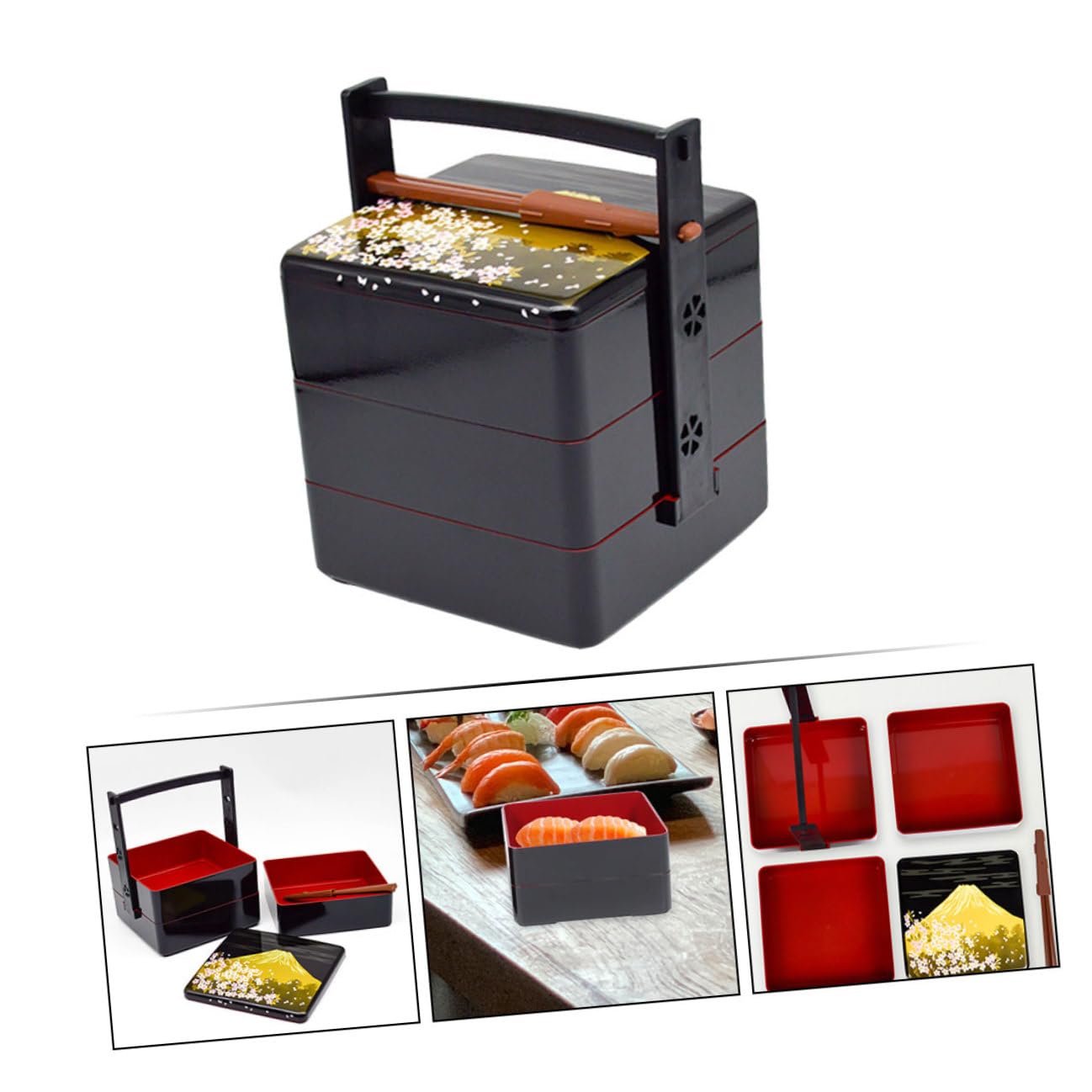 Contenitore Sushi Portatile Tre Strati in Stile Giapponese Scatola Bento per Pranzo all Aperto Porta Cibo Compatto per Picnic Scuola e Lavoro Design Elegante Nero-rosso Facile da