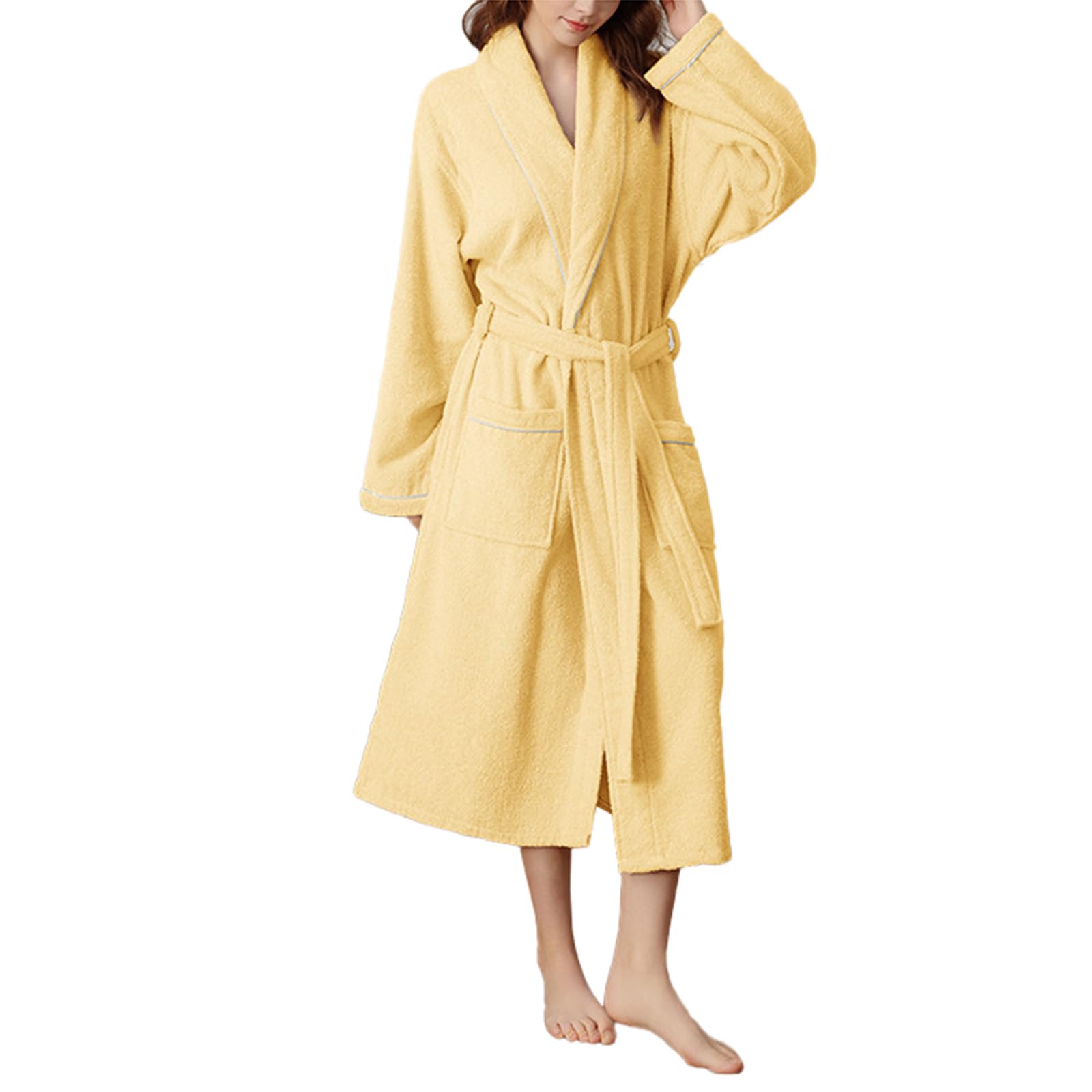 TIANQIHAO Terry Cotton Bathrobe For Men Long Spa Robe Soft Touch Women'S Robe Long Kimono,Yellow-Large