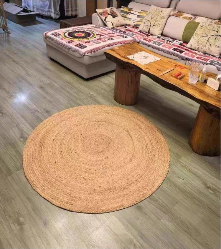 MTZ Makeup Toy Hand Woven Farmhouse Jute Area Rug Carpet Jute Carpet Rug Carpet Natural Handwoven Rug Braided Reversible Rug Area Rug Braided Jute Mats Hand Woven Rug Doormat (120x120cm)