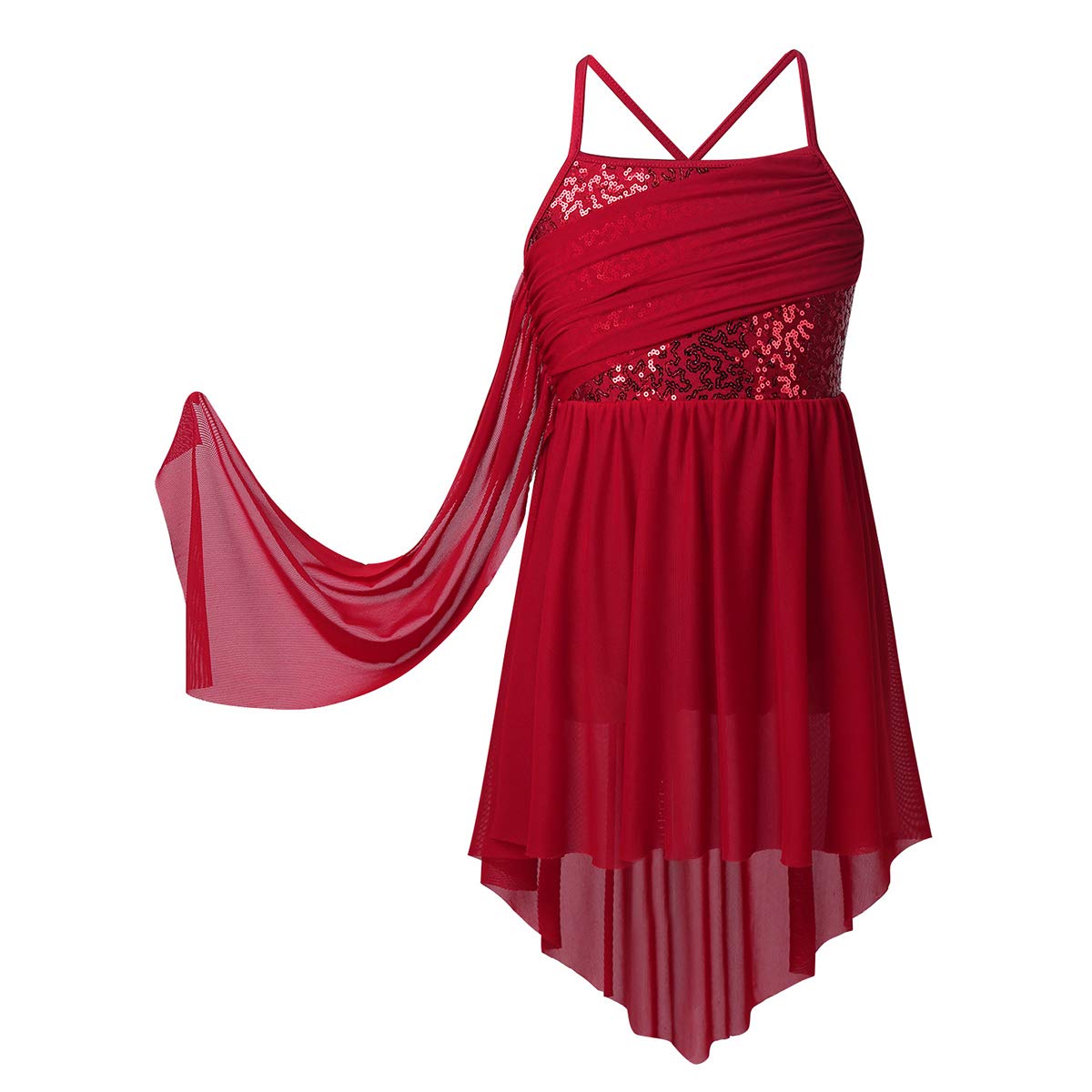 Yeahdor Kids Girls Shiny Sequins Lyrical Dance Leotard Tutu Dress Modern Contemporary Ballroom Irregular Skirts Costume Burgundy 4