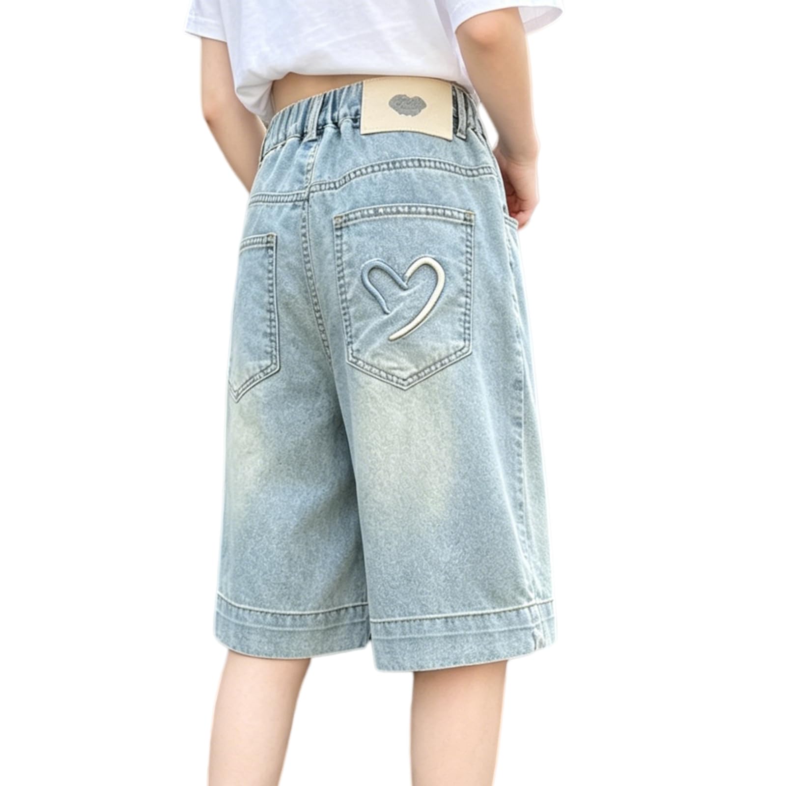Rolanko Short en Jean pour Filles, Taille Élastique Bermudas Jambes Larges Shorts D'été pour Ado Enfant