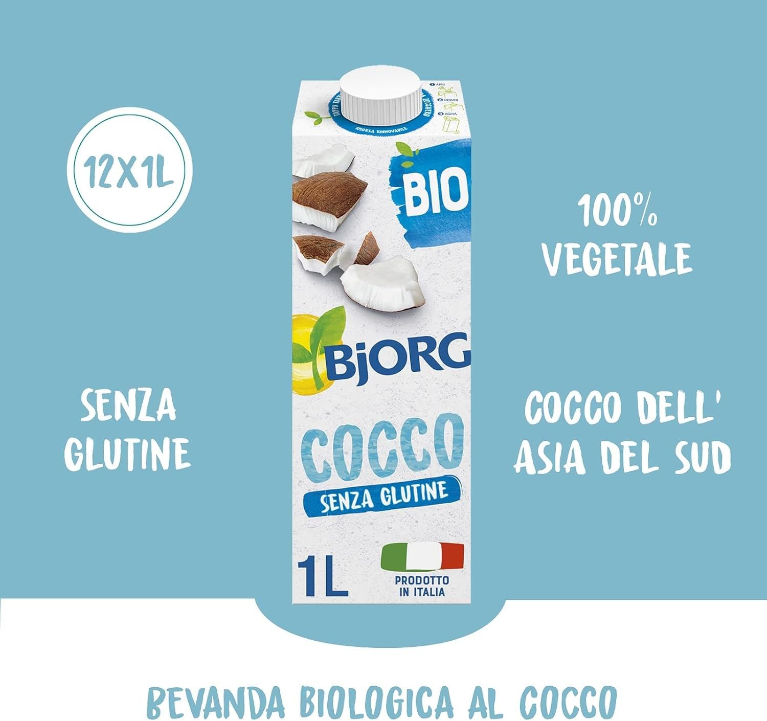 BJORG Bevanda Biologica Latte di Cocco, 100% Ingredienti Vegetale, Ottimale per Ricette Dolci, Senza Glutine, Vegan, Prodotto in Italia, 12 x 1L