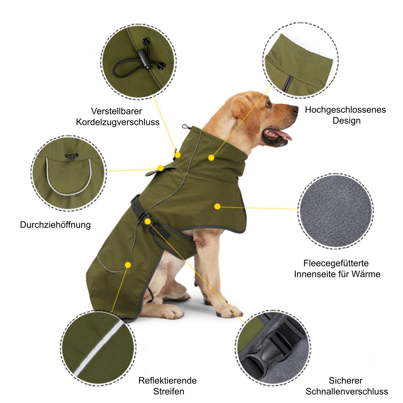 Schneeanzug Hund, Hundemantel, wasserdichte Hundejacke ， Fleecefutter, Reflektierendem und Pelzkragen zum Wandern, Outdoor, für Mittelgroße und Große Hunde (XXL,Armeegrün)