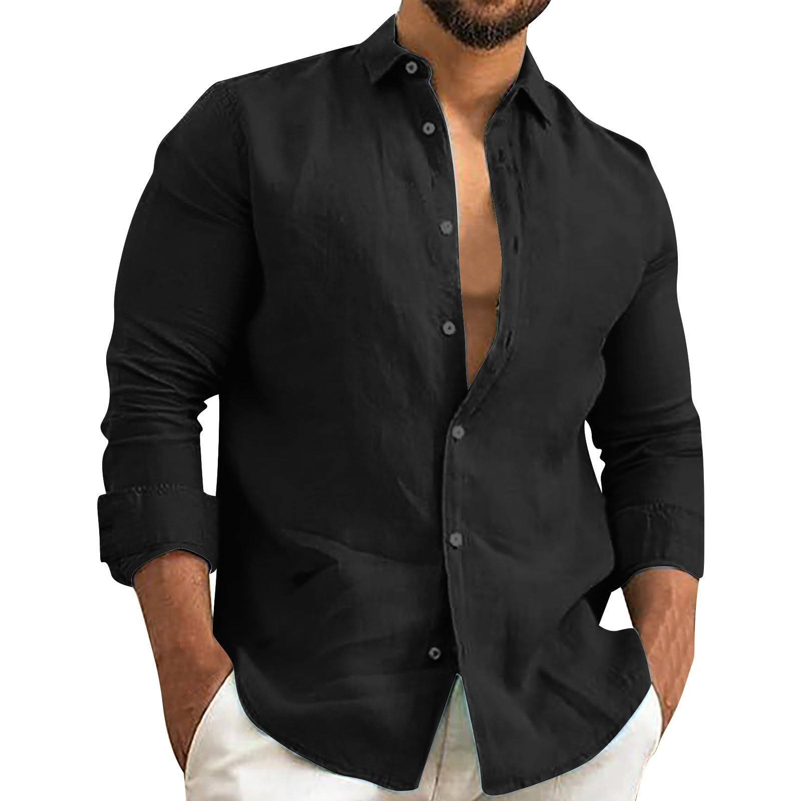 Men's Cotton Linen Shirts - Long Sleeve Button Down Style, Plain Collared Casual Tee, Breathable Fabric Perfect for Beach Trips, Summer Outings & Relaxed Days