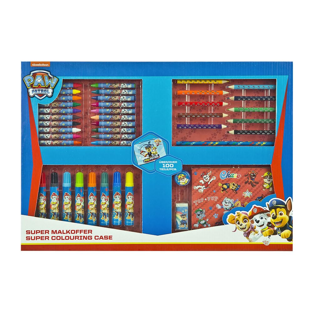 Paw Patrol 100+ Piece Colouring Set for Kids – Includes 10 Mini Coloured Pencils, 20 Crayons, 8 Markers, Pencil, Eraser, Sharpener, 4 Colouring Templates, 15 Colourful Sheets