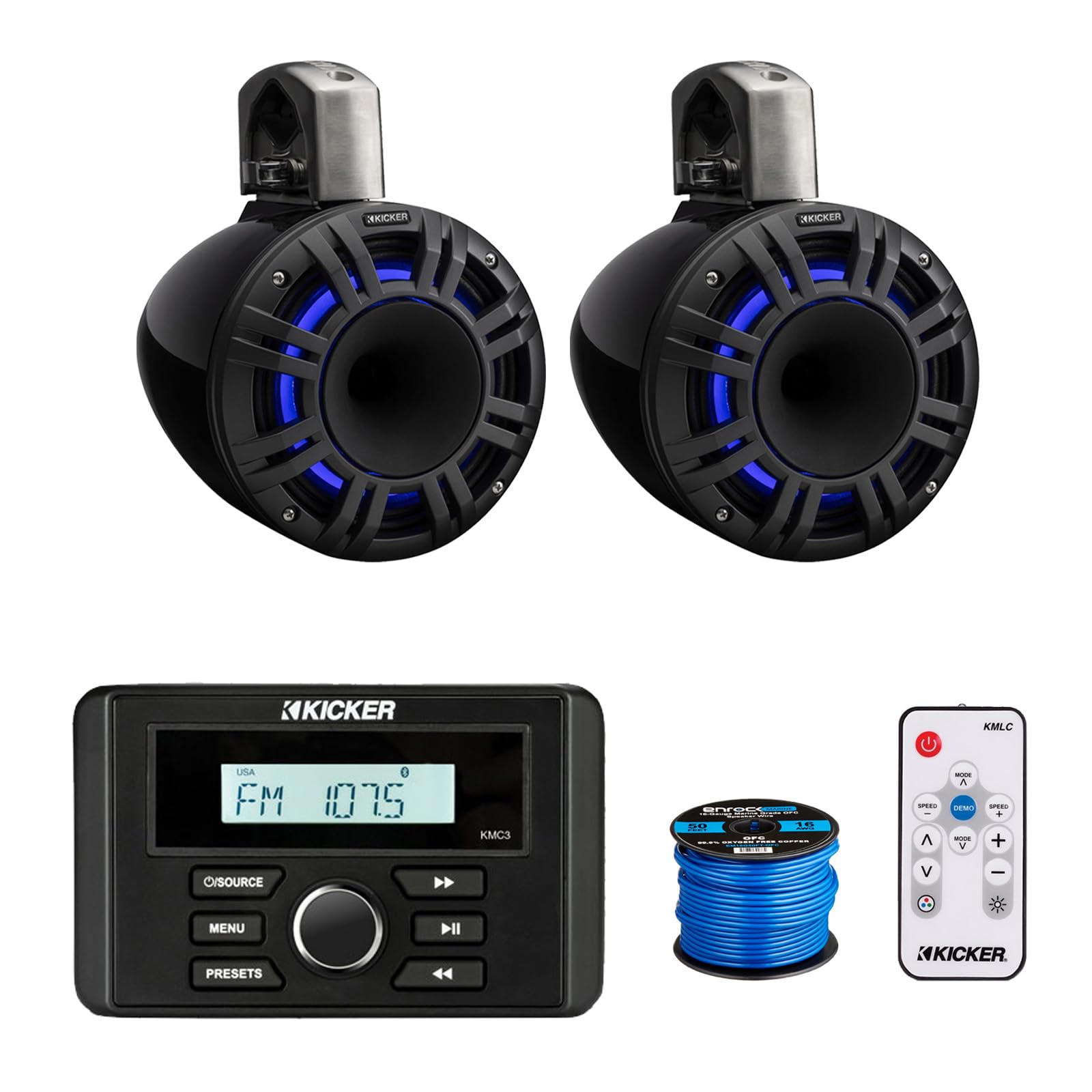 Kicker 46KMC3 Marine Gauge Style USB Bluetooth AM/FM Stereo Square Media Center Receiver, 2X 8 500 Watt Peak Multicolor LED Horn-Loaded (HLCD) Tower Speakers (Black) with LED Remote, 50 Feet Wire