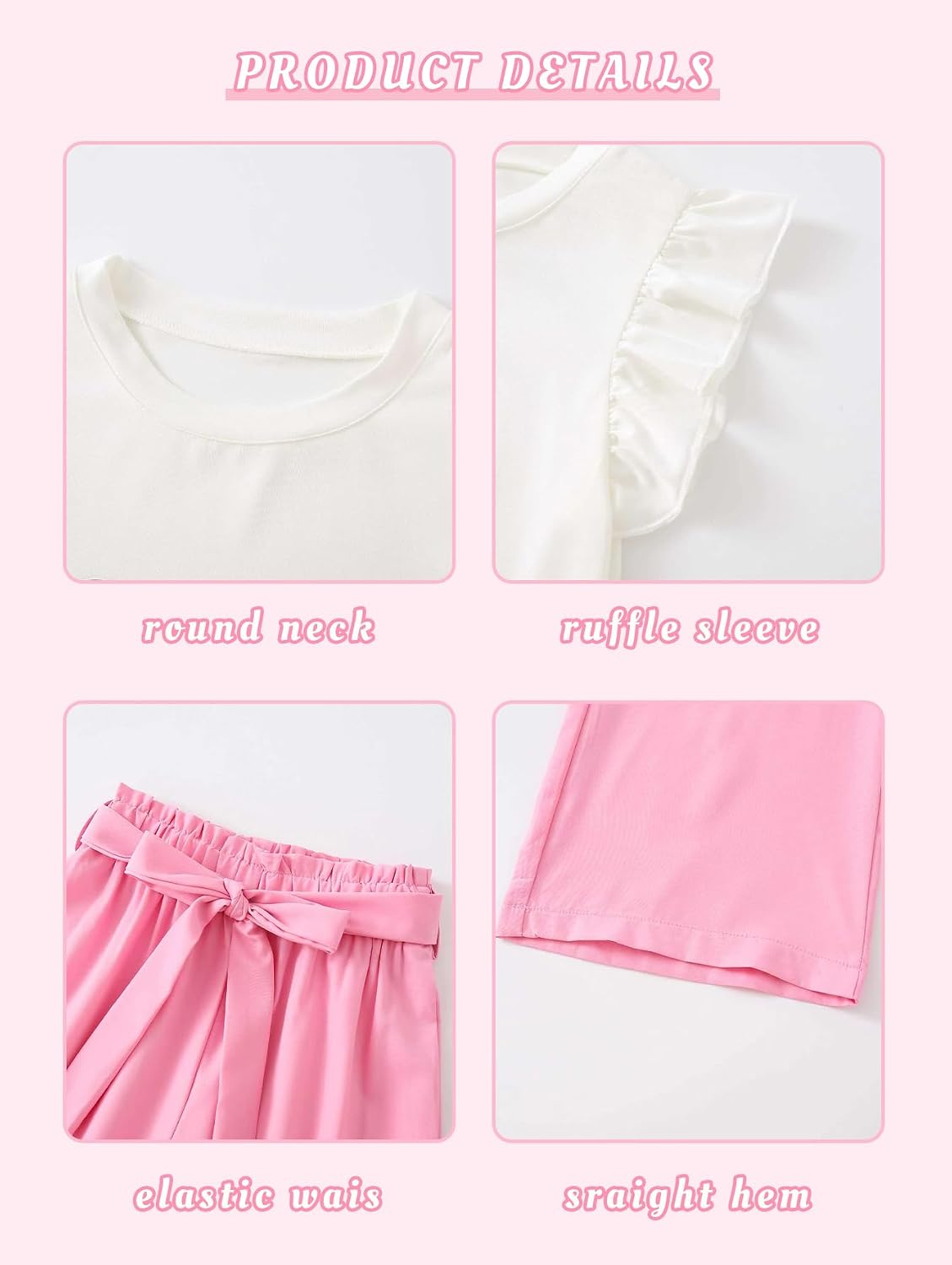 Girls 4 Piece Casual Outfit Ruffle Sleeve Heart Print Tee with Bow Tie Wide Leg Pants Summer Set 3-14Y