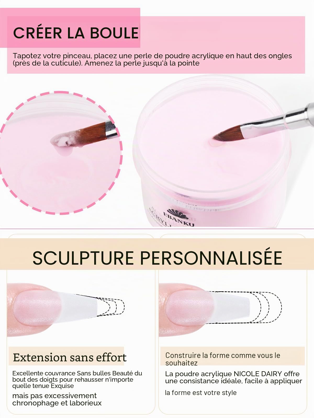 EBANKU Lot de 4 Poudres Acryliques 480 g, 4 Couleurs Professionnelles pour Extension et Sculpture des Ongles Sans Lampe