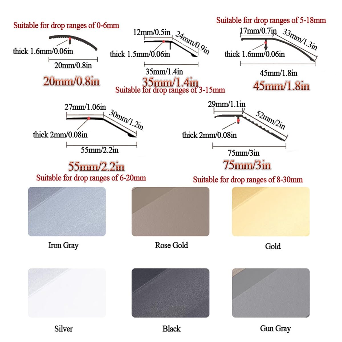 Set di 3 Strisce di Transizione in Alluminio, 90cm, Profilo di Transizione per Dislivello da 8-40mm, Listello per Soglie, Binario di Transizione, Strisce di Copertura(Grigio,70mm/2.8inch)