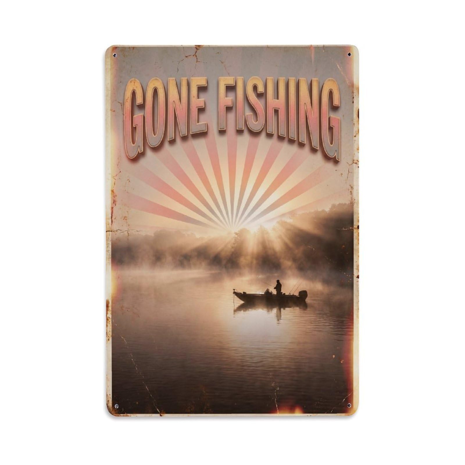 Gone Fishing Sunrise Dawn Vintage Metal Tin Sign Plaque Wall Decor for Cafe, Club, Garden Metal Poster 8x12Inch