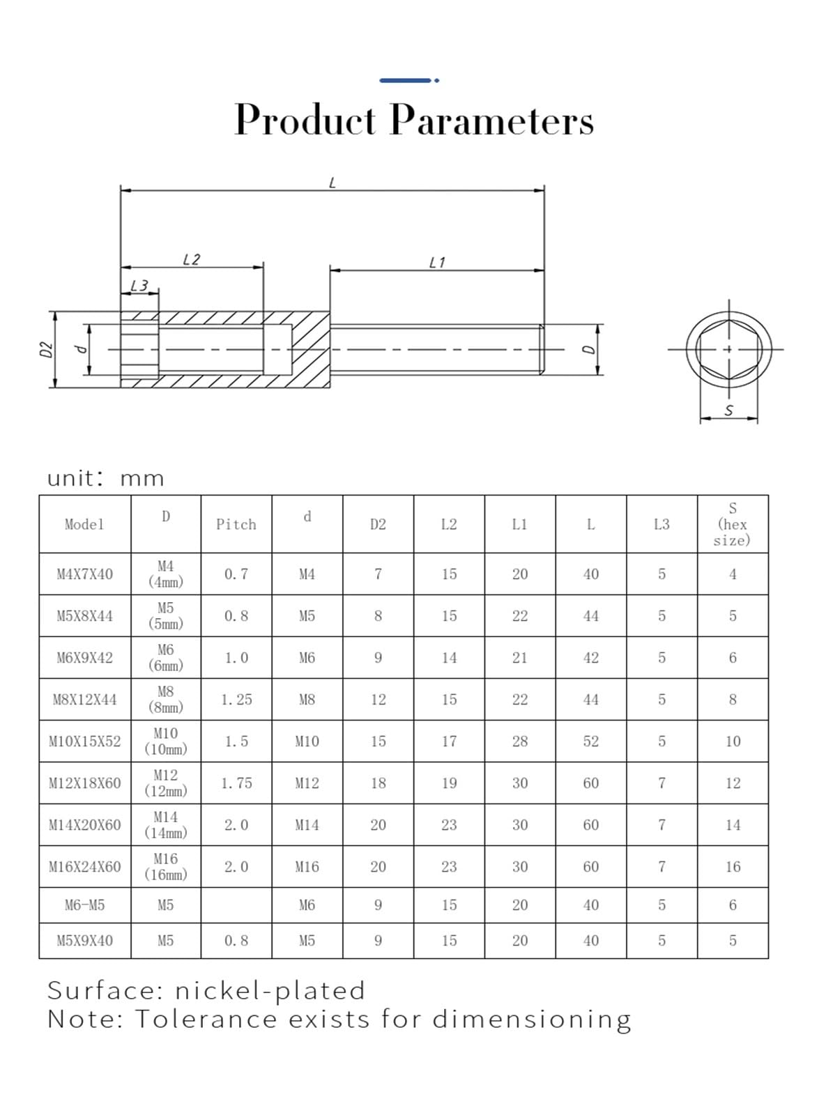 Vite cilindrica con esagono incassato M5 M6 M8 M10 M12 M14 M16 Vite di collegamento Vite cilindrica ispessita a coda lunga Dado pneumatico (acciaio al carbonio, M5 x 8 x 44 (5 pezzi)