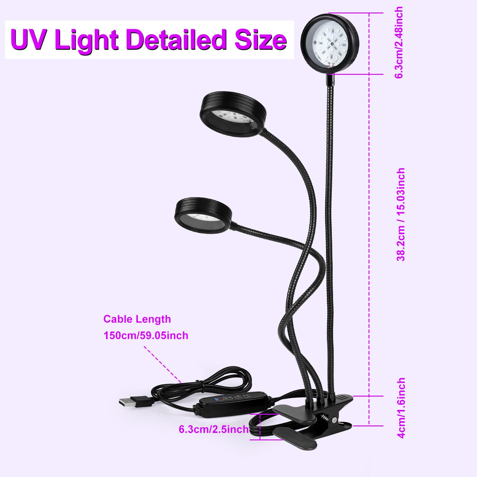 YGS-Tech LED Black Light, 15W UV Lamp with USB, Three Head Dimmable Gooseneck UV Light, Wavelength 389-405nm Black Lights for Resin, Neon Body Paint, Bedroom and Glow Party Decorations