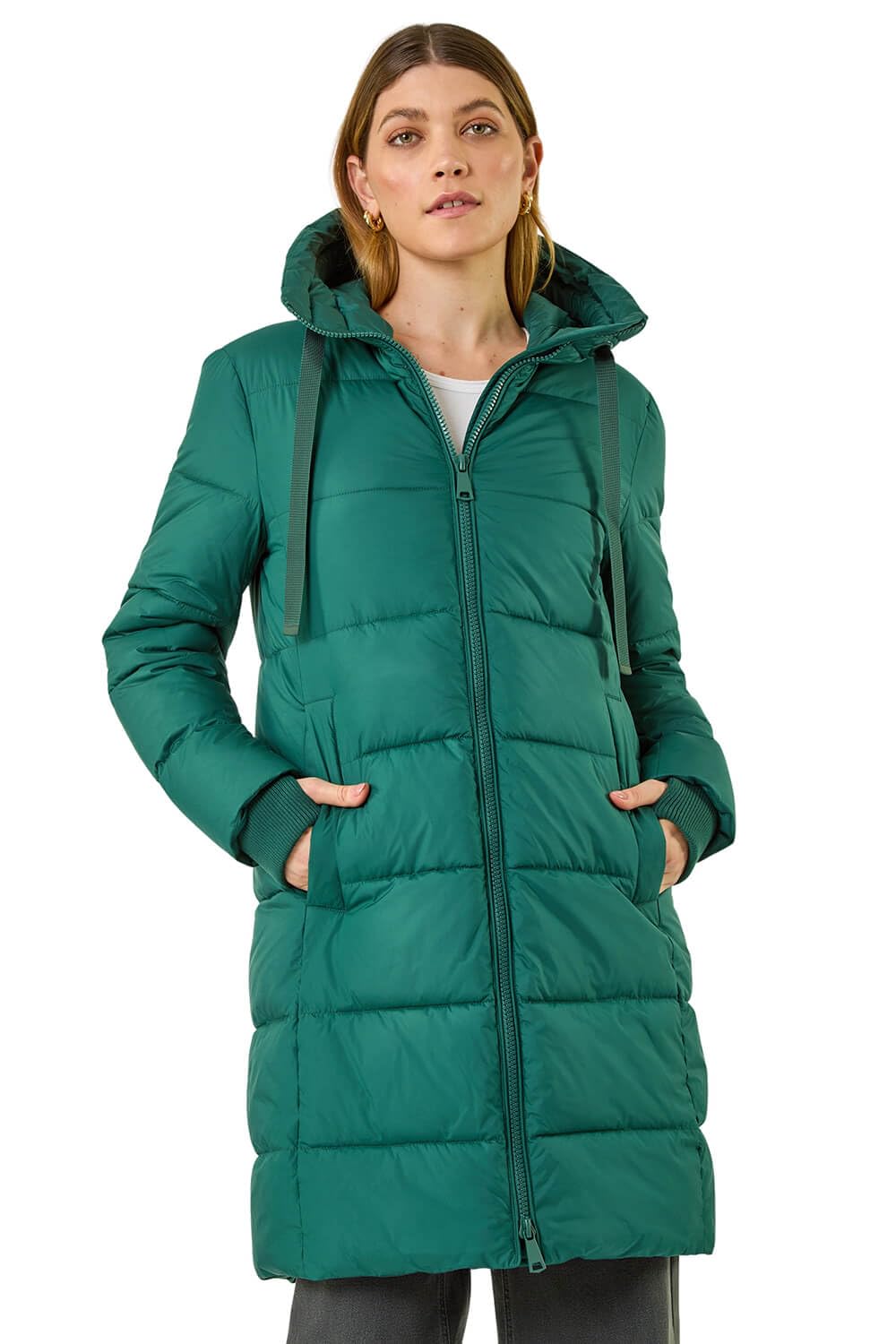 Roman Women's Longline Padded Hooded Coat in Green | Size: 16