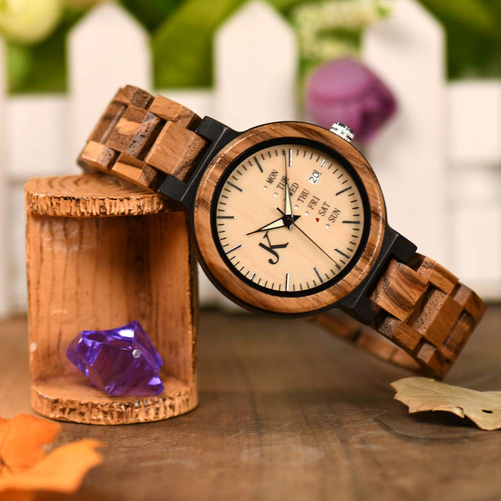 Kim Johanson Damen Holz-Edelstahl Armbanduhr *Light Week* mit Datum- & Tagesanzeige Handgefertigt Quarz Analog Uhr inkl. Geschenkbox