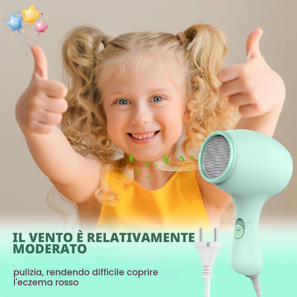 Phon Bambini 550W Mini Asciugacapelli Viaggio Silenzioso Calore Delicato Ragazze (Verde) 3 Impostazioni Velocità
