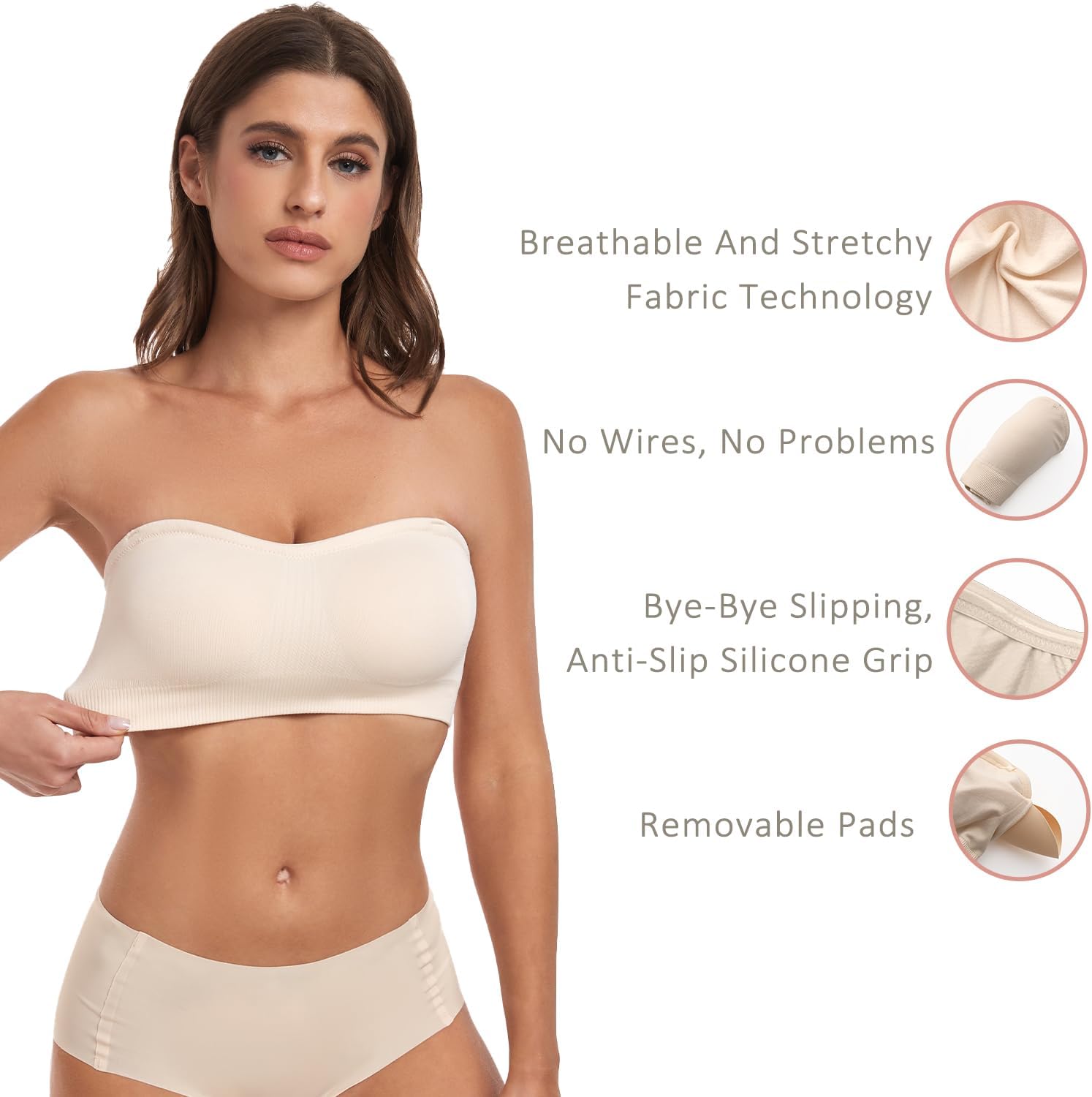 Strapless Bra for Women-Convertible Comfort Bandeau Bra with Non-Slip Silicone,Seamless Wirefree Padded Bralette