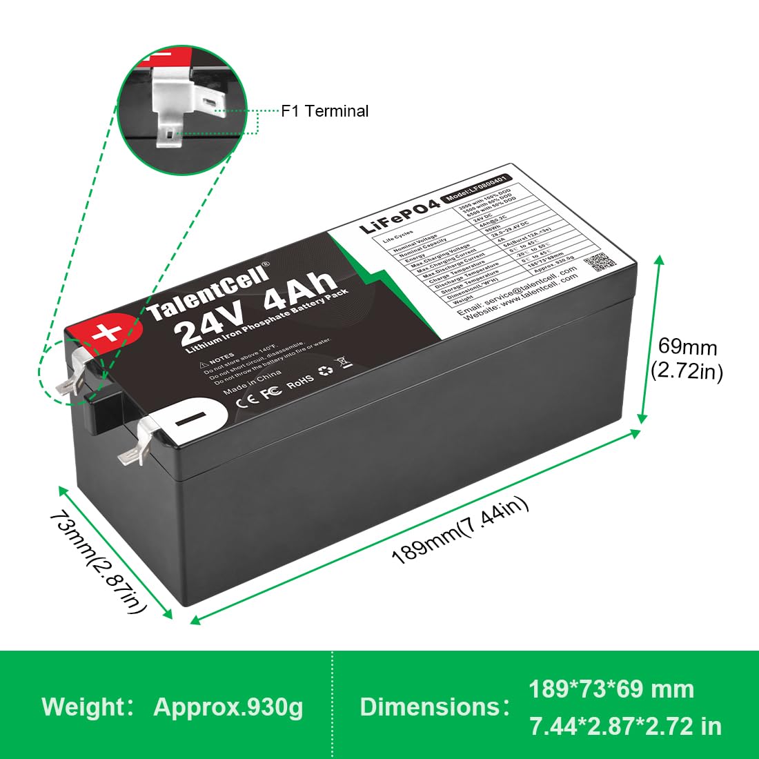 TalentCell 24V 4Ah LiFePO4-Akku, 96Wh Deep Cycle Wiederaufladbar Lithium-Eisenphosphat-Batterie für Trolling Motor, RV, Toy Car, Camping, Solar System, DIY Project