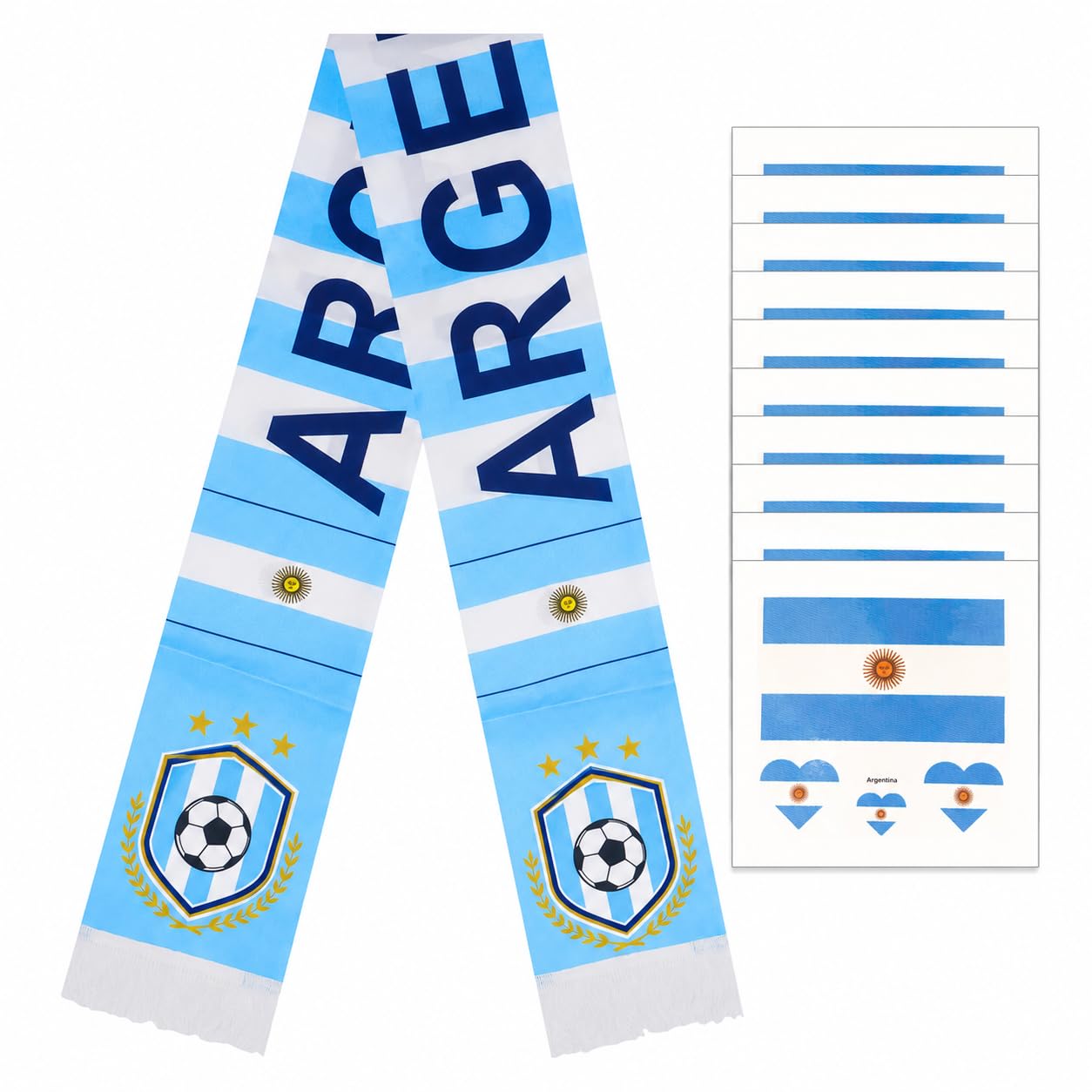 HUNGBAN World Cup 2026 Soccer National Team Soccer Scarves with 10pcs Temporary Tattoos – Double-Sided Logo Print, Top 32 Teams Supporters’ Gear (Argentina)