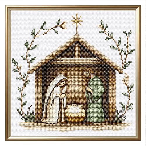 Zhenqing Nativity Scene Cross Stitch Kit for Beginners 11CT Printed White Cotton Fabric 36x36cm Full Embroidery with Threads & Instructions(70733)