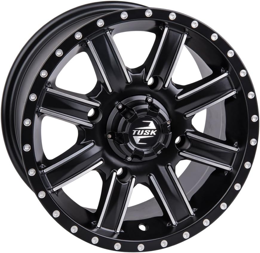 Tusk Racing Four 30x10-14 Tusk TERRABITE 8-Ply Radial UTV Tires mounted on Tusk CASCADE Wheels - CAN-AM MAVERICK DEFENDER COMMANDER - Includes Lug Nuts (4+3 Wheel Offset, Machined/Black)