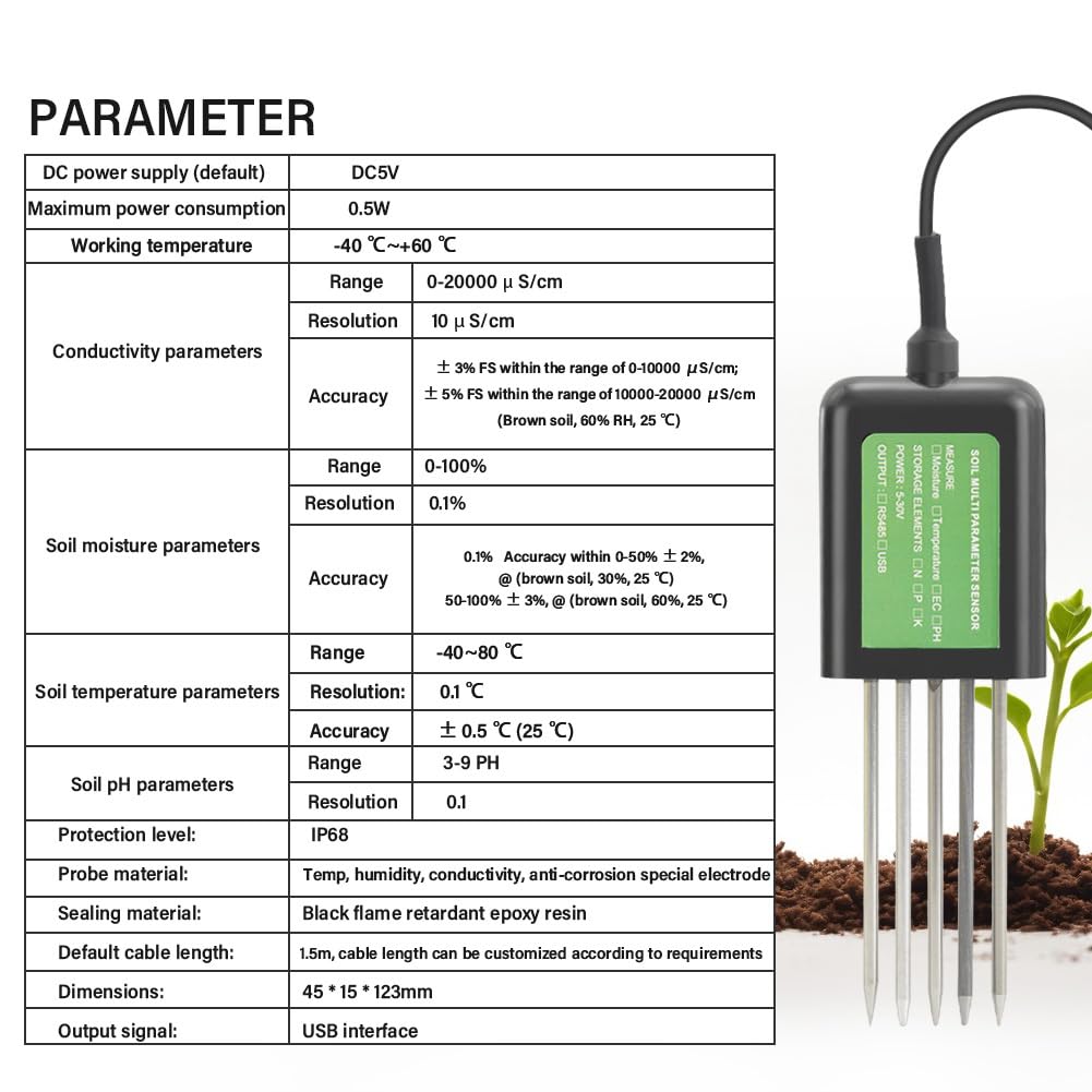 Digital USB Sensor de Prueba de Suelo 7 en 1 Temperatura de Humedad Medidor de pH NPK para Android App Sonda Impermeable Compatible para investigación agrícola de jardín