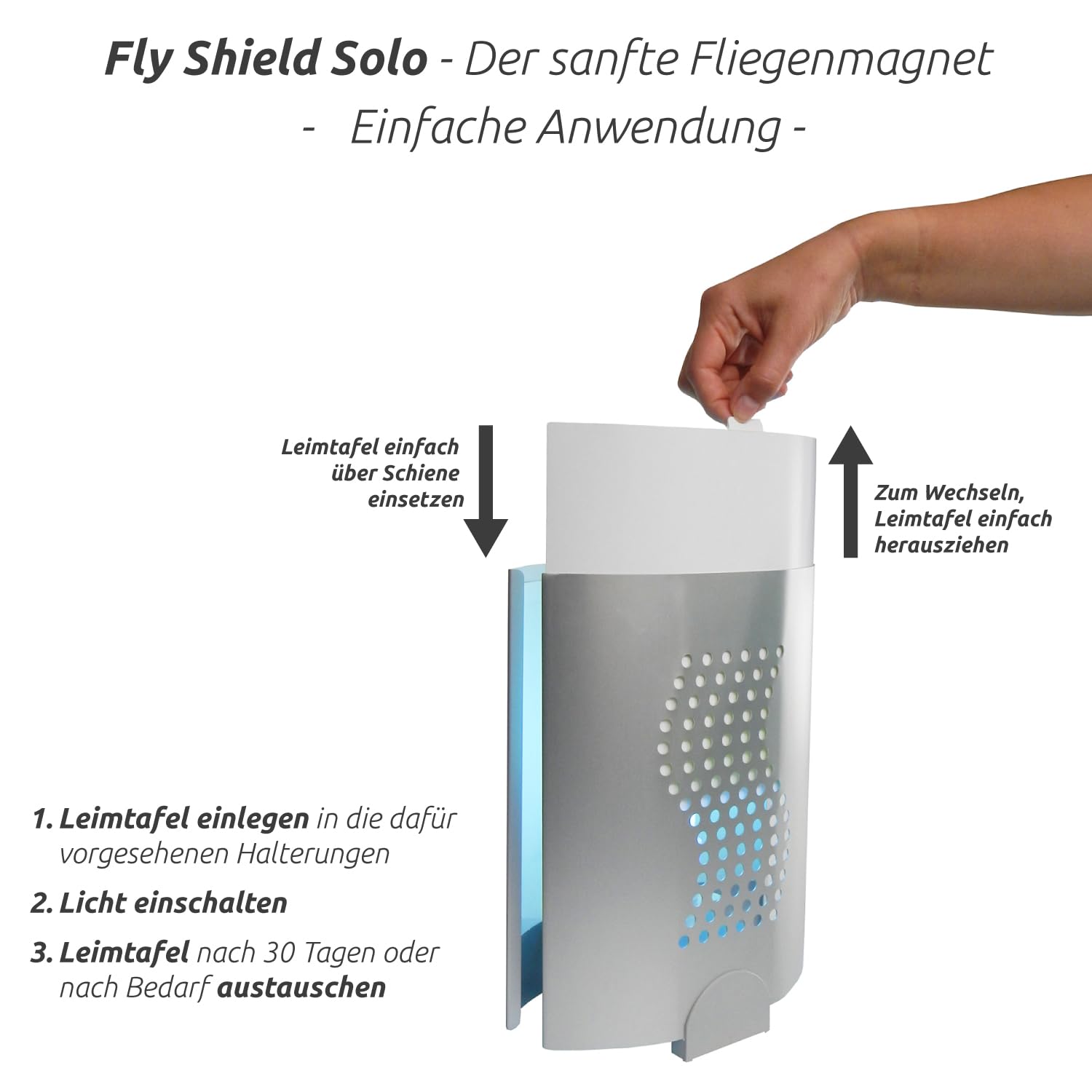 Fly-Shield Solo UV-Fliegenfalle - Klebefolie - Standard - 1 Halter | Kompakte Ausführung für Innenräume, diskrete Kontrolle von Fliegen und Fluginsekten mit austauschbarer Klebefolie