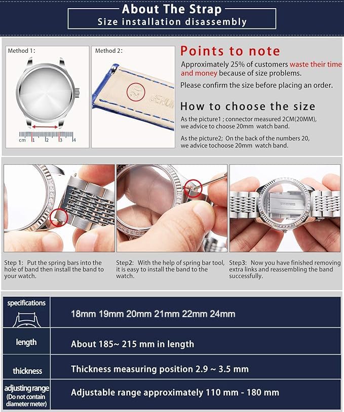 BINLUN Stainless Steel Watch Band, Metal Watch Strap for Men Women Replacement with Double-Lock Deployment Clasp Polished Watch Bracelet Silver Black Gold Rose-gold 18/19/20/21/22/24mm - Image 6