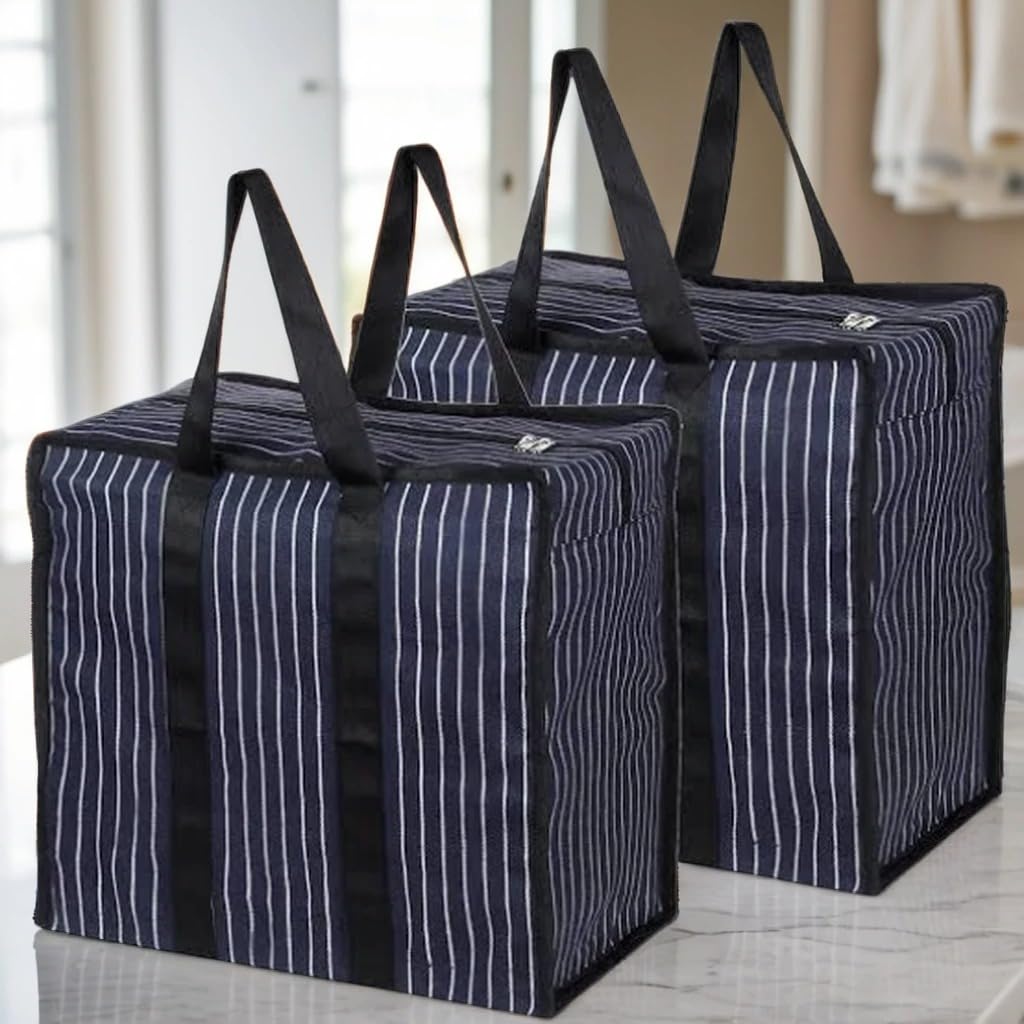 MOZU BAZAAR Multipurpose Extra Large Big Heavy Duty Storage Organizer Reusable Canvas Shopper Bag with Strong Handles and Base with Covers Zip (Pack Of 2 Black)