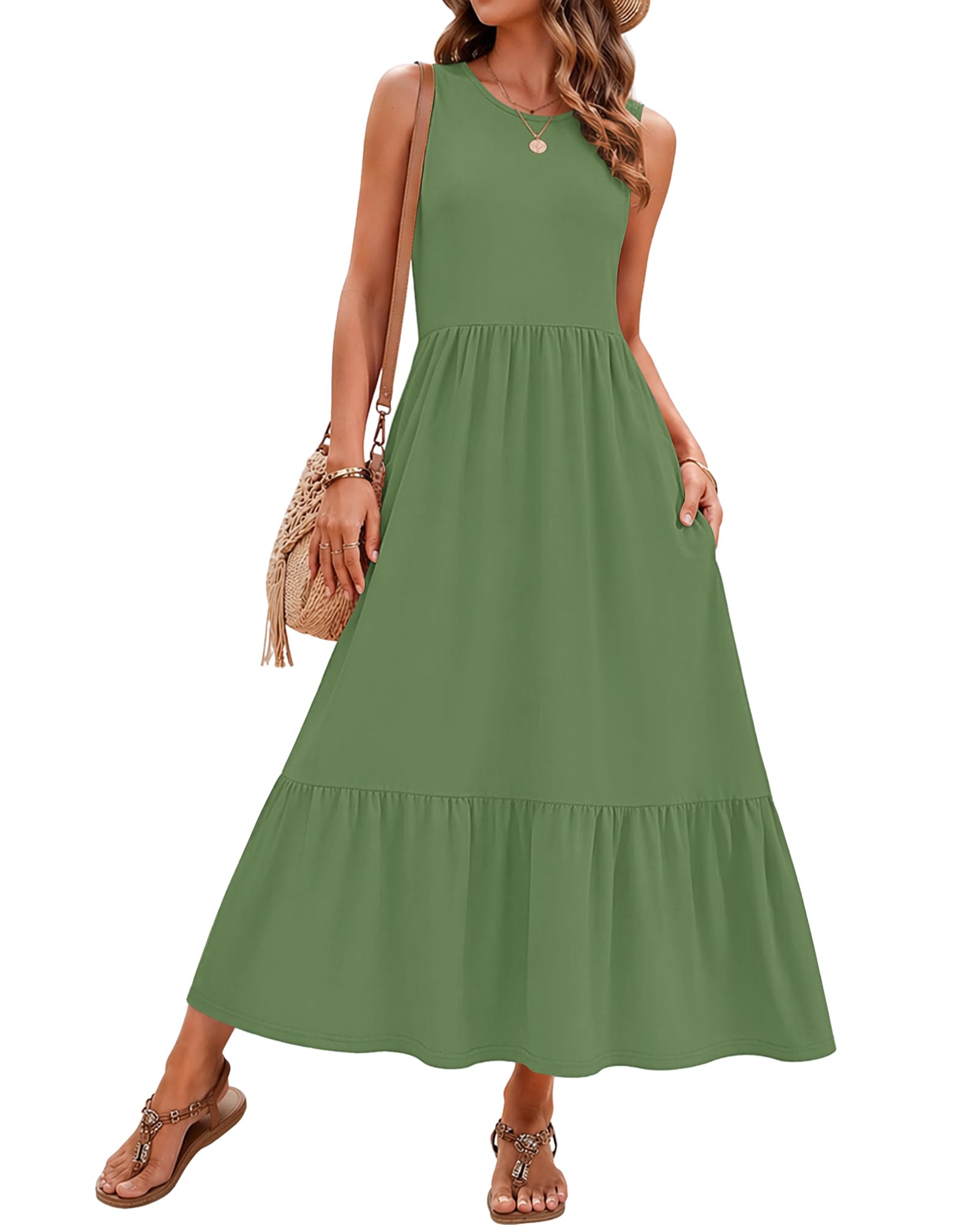 AUSELILY Sommerkleid Damen Lang Ärmelloses Maxikleid Damen Sommer Strandkleid Lange Rundhals Tank Top Kleider Leicht und Luftig mit Taschen Elastischer Taille