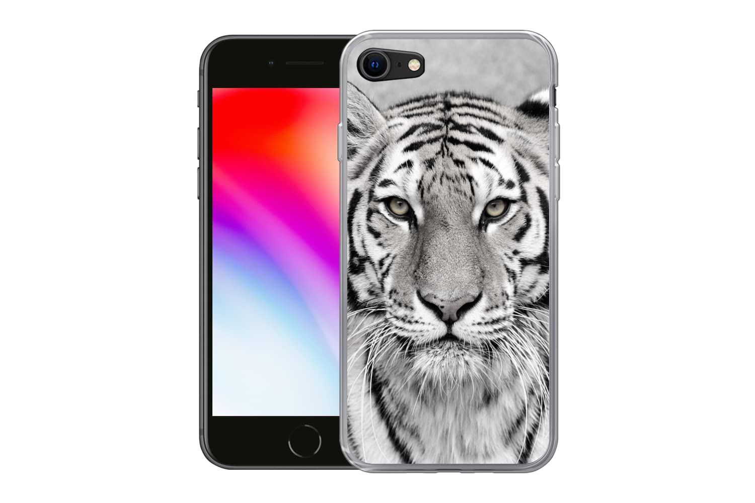 MuchoWow Funda para iPhone SE 2020 - Tigre - Naturaleza - Negro - Blanco - Funda de Silicona/Funda Blanda para teléfono móvil