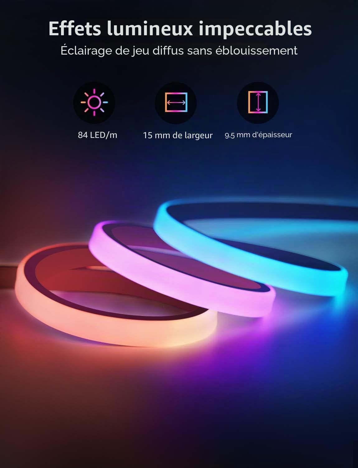 Govee RGBIC Ruban LED néon pour bureau de jeu, bande LED de 5 m, découpable, panneau néon compatible avec Razer Chroma, 11 musiques, 64 scènes et plus, contrôle par application RVB