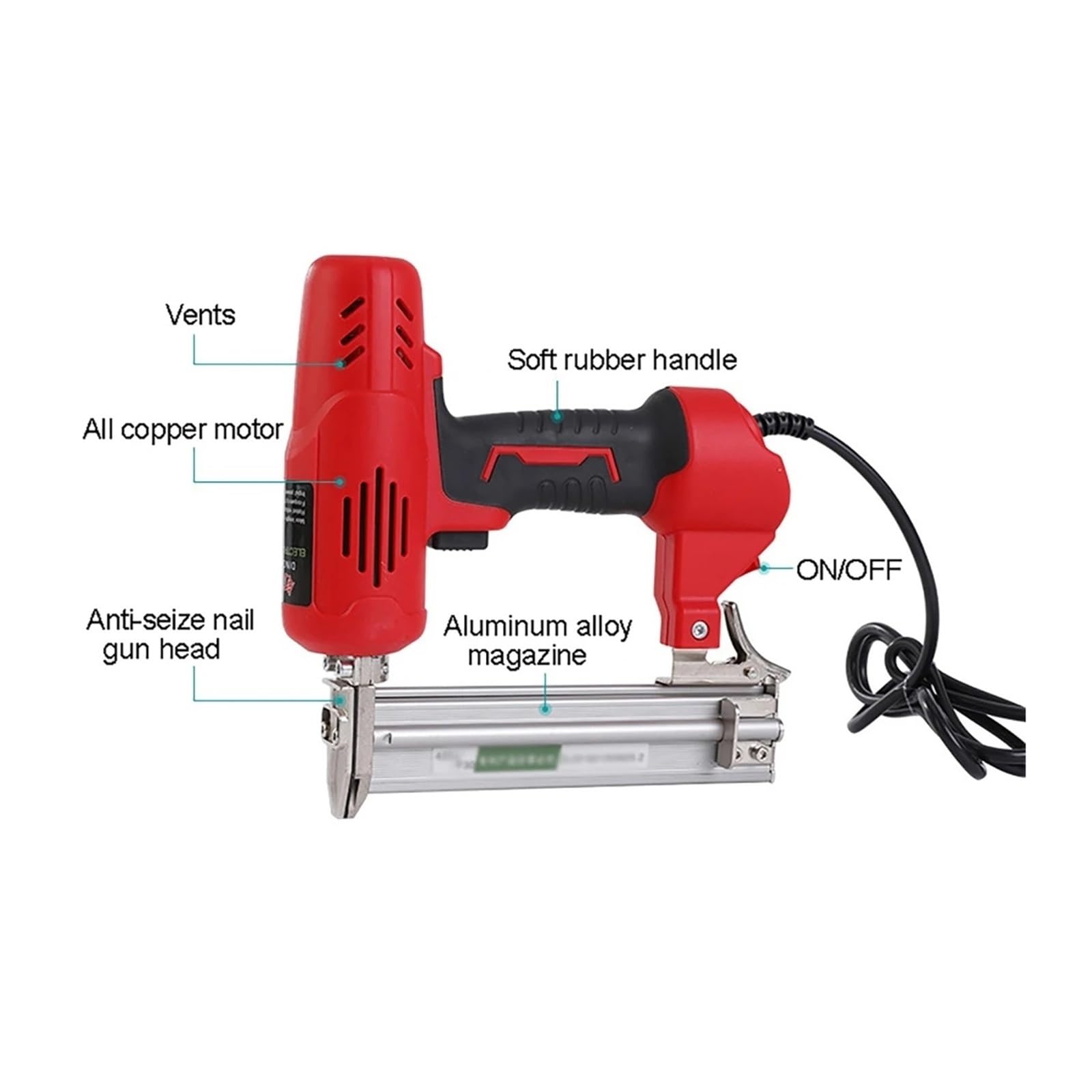 2600W Elektryczny Pistolet Do Gwoździ DIY Meble Drewniana A Zszywacz Elektronarzędzie Gwoździe Stolarstwo Budowlane Narzędzia Do Gwoździ Do Obróbki Drewna Do precyzyjnego frezowania(Red Nail Gun)