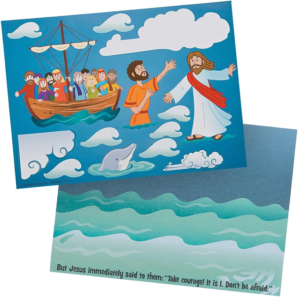 Jesus and Peter Walk on Water Mini Sticker Scenes - Includes 12 Backgrounds and 12 Sticker Sheets - Religious and Sunday School Activities