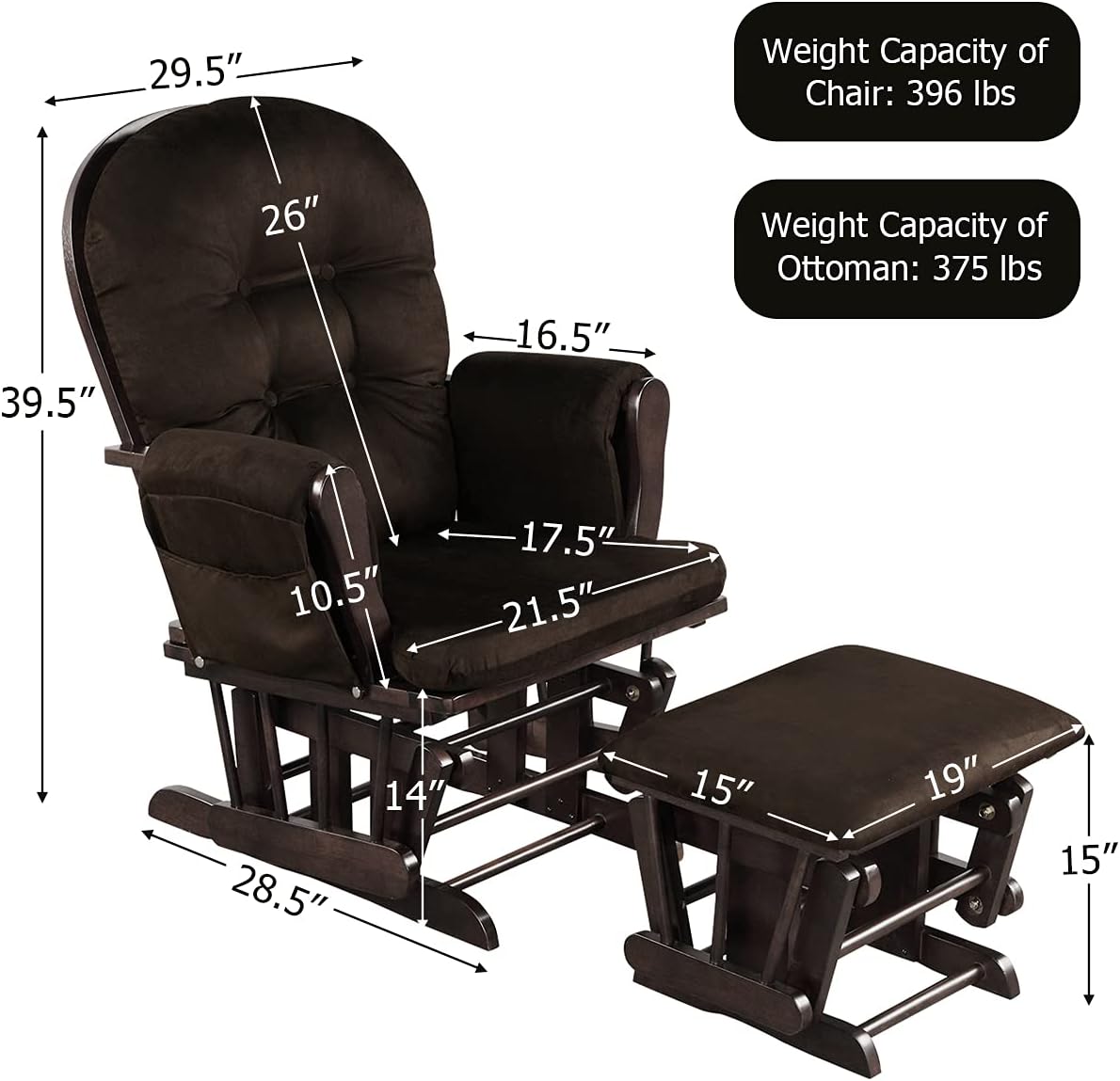 Solid Wood Construction, Incredibly Smooth Quiet Gliding, Soft Skin-Friendly Fabric, Baby Nursery Relax Rocker Rocking Chair Glider and Ottoman Set Super Soft Cushion, Extra Storage Pocket, Brown