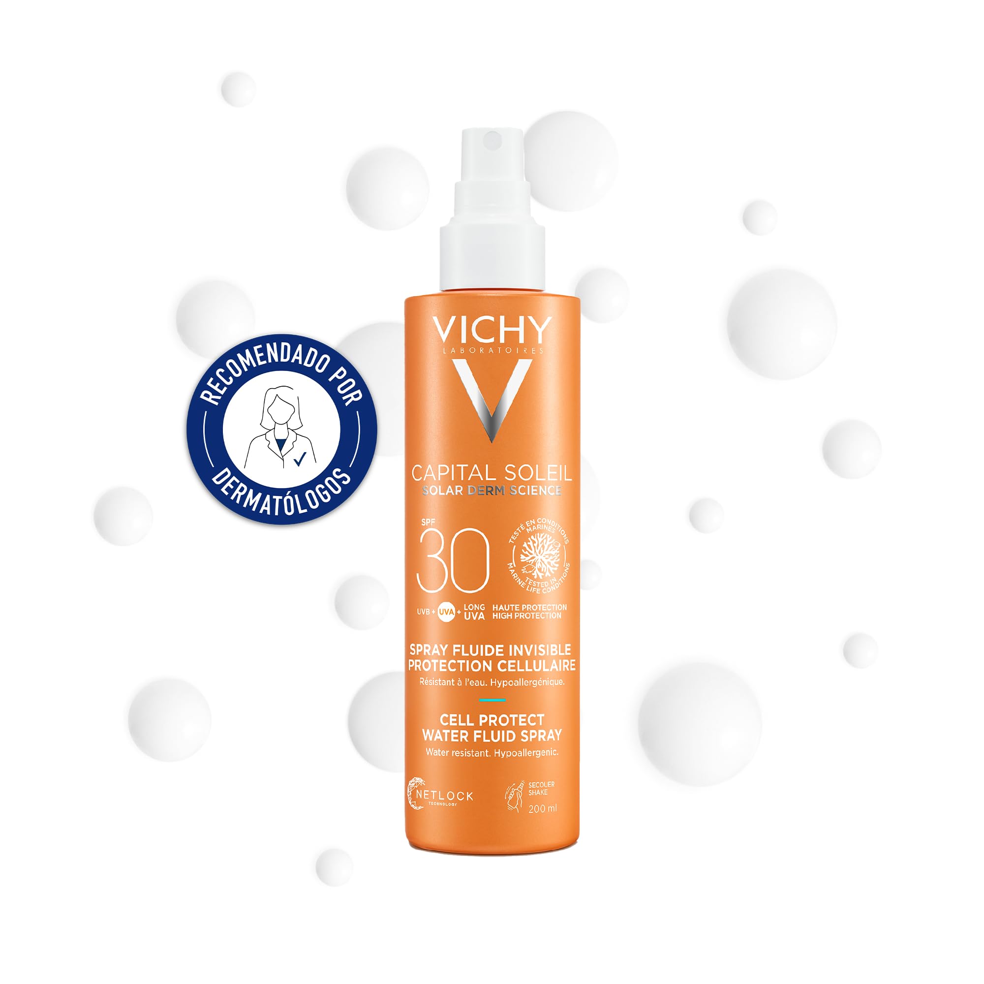 Vichy Spray Líquido, Apto Para Pieles Sensibles, Fotoprotección SPF30 Contra Rayos UVB y UVA, Fórmula Hipoalergénica y Antioxidante, Cell Protect, Capital Soleil, 200 ml