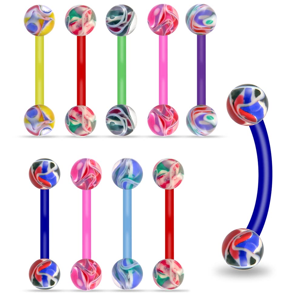 Curved Barbells 10 Pieces UV Multi Color Marble Ball with Bio Flexible Banana Eyebrow Jewelry